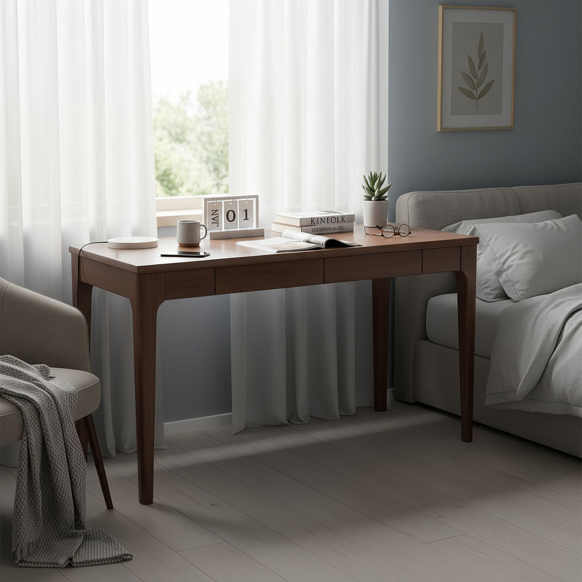 Desk With Drawers, Smooth Edge Design - Walnut
