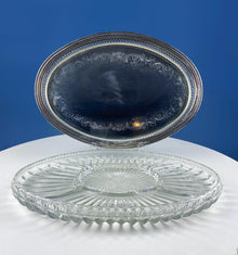 Antique Oval Silver & Glass Serving Platter. Godinger Silver Art. Fluted Glass with Etched Reticulated Silver Tray. Hosting Essential.
