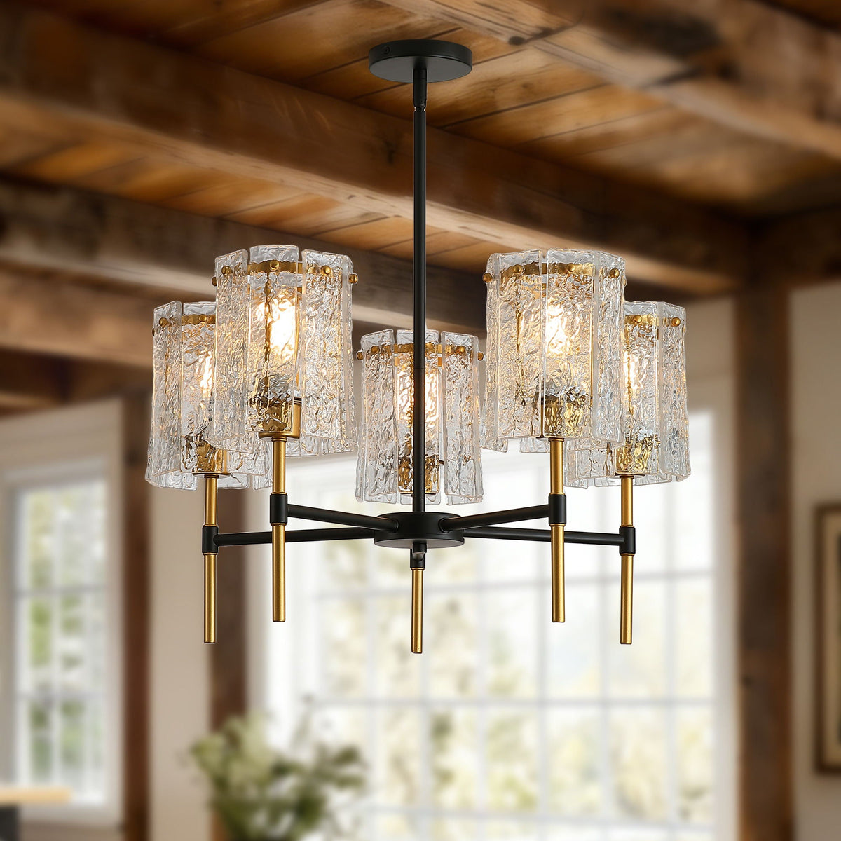 5 Light Chandelier, Textured Glass Pendant Light, (Not Including The Bulb) For Living Room - Black / Gold